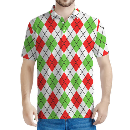 Green Red And White Argyle Pattern Print Men's Polo Shirt