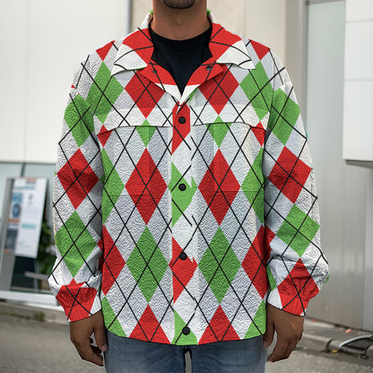 Green Red And White Argyle Pattern Print Men's Shirt Jacket