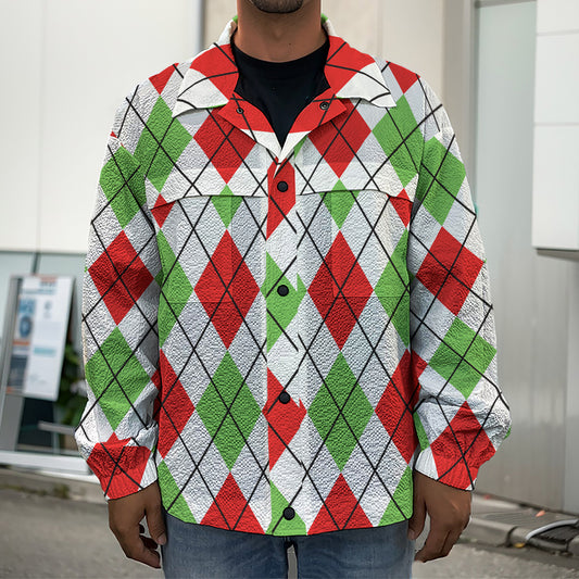 Green Red And White Argyle Pattern Print Men's Shirt Jacket