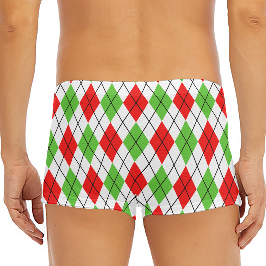 Green Red And White Argyle Pattern Print Men's Short Boxer Briefs