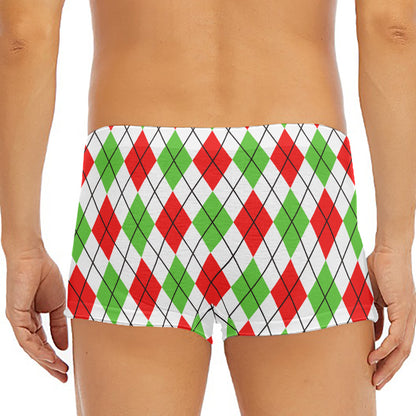 Green Red And White Argyle Pattern Print Men's Short Boxer Briefs