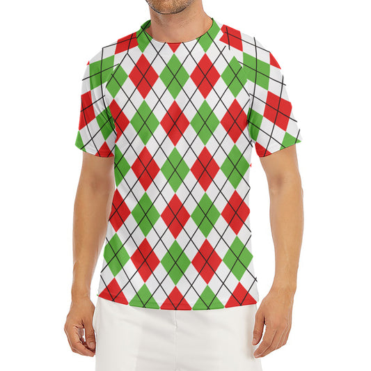 Green Red And White Argyle Pattern Print Men's Short Sleeve Rash Guard