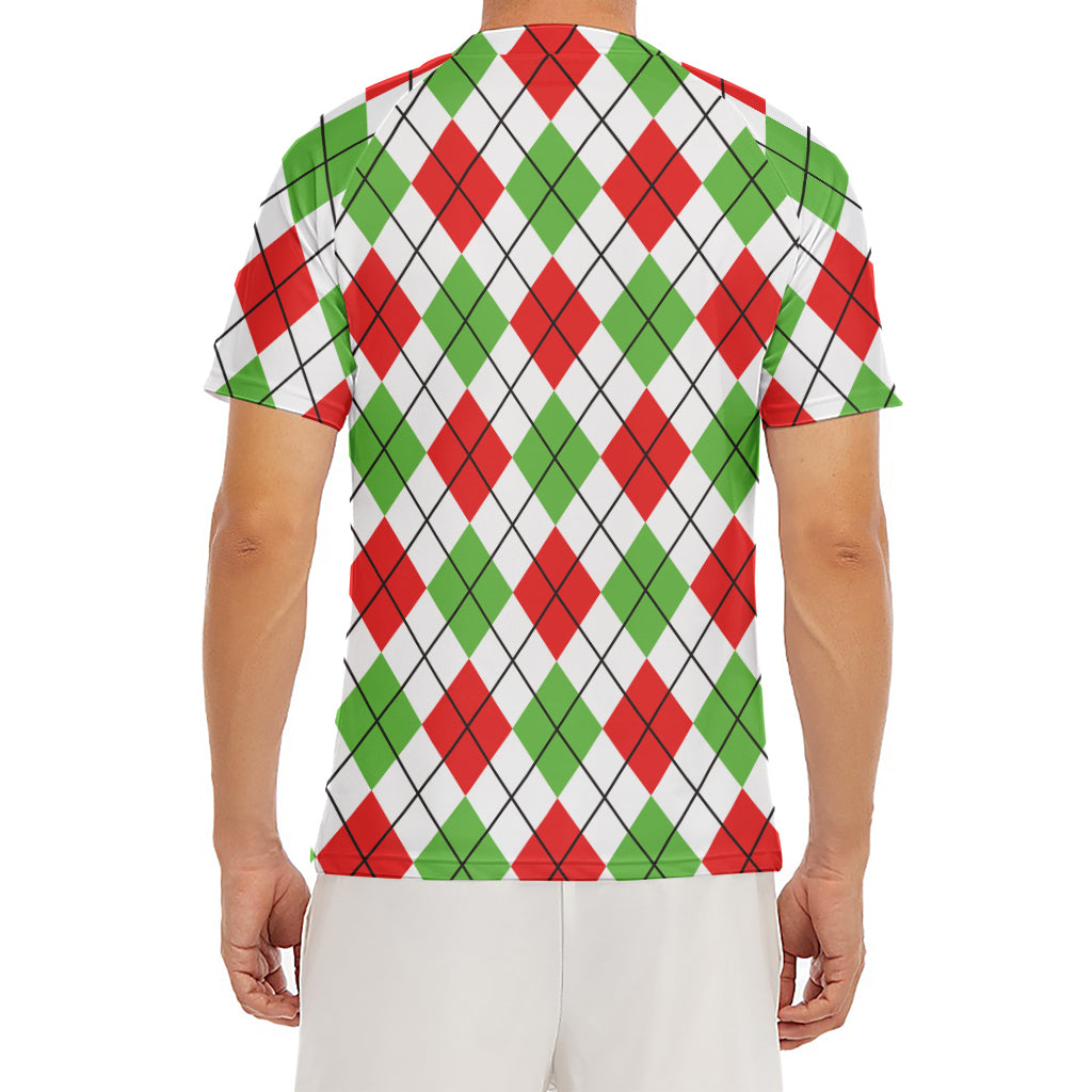 Green Red And White Argyle Pattern Print Men's Short Sleeve Rash Guard