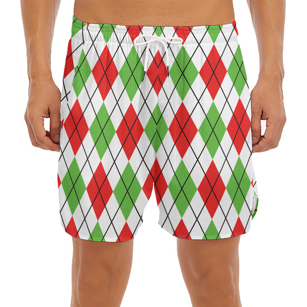 Green Red And White Argyle Pattern Print Men's Split Running Shorts