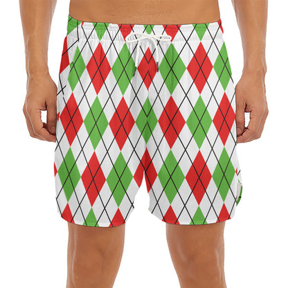 Green Red And White Argyle Pattern Print Men's Split Running Shorts
