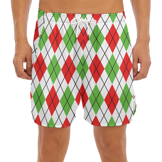 Green Red And White Argyle Pattern Print Men's Split Running Shorts