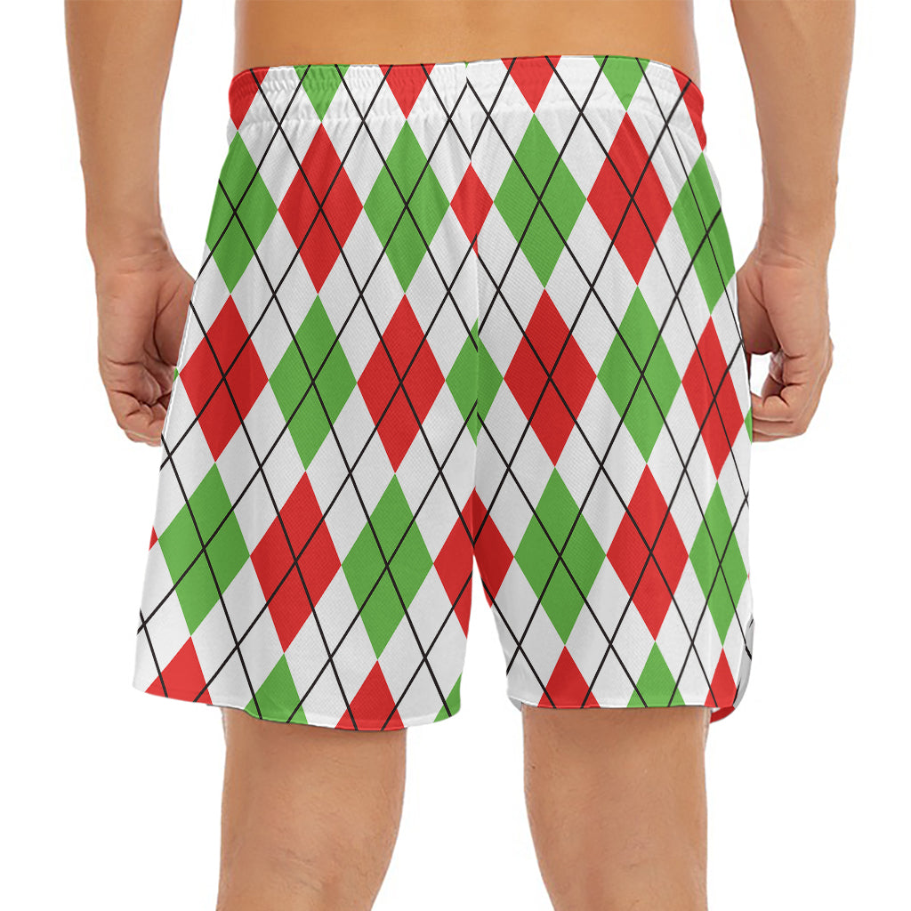 Green Red And White Argyle Pattern Print Men's Split Running Shorts