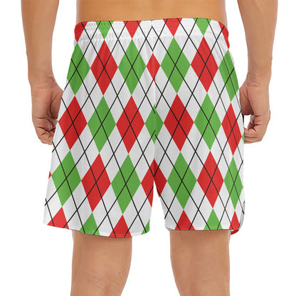 Green Red And White Argyle Pattern Print Men's Split Running Shorts