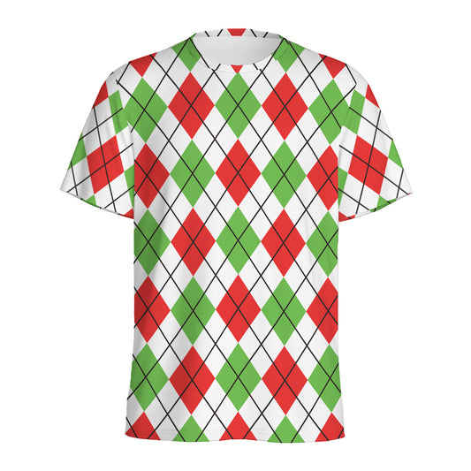Green Red And White Argyle Pattern Print Men's Sports T-Shirt
