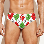 Green Red And White Argyle Pattern Print Men's Swim Briefs