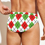 Green Red And White Argyle Pattern Print Men's Swim Briefs