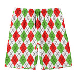Green Red And White Argyle Pattern Print Men's Swim Trunks