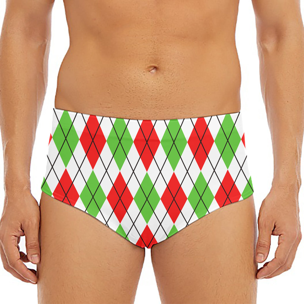 Green Red And White Argyle Pattern Print Men's Triangle Swim Briefs