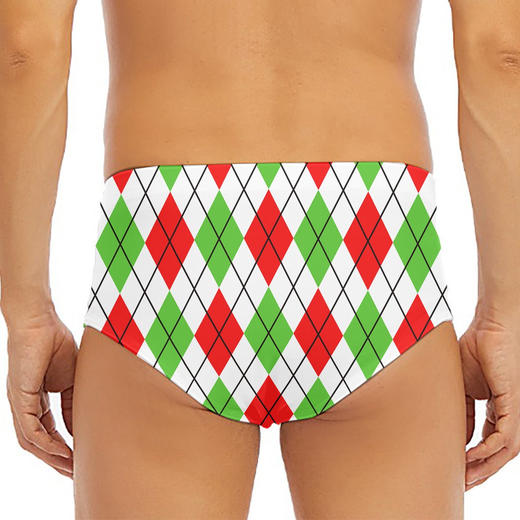 Green Red And White Argyle Pattern Print Men's Triangle Swim Briefs