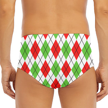 Green Red And White Argyle Pattern Print Men's Triangle Swim Briefs