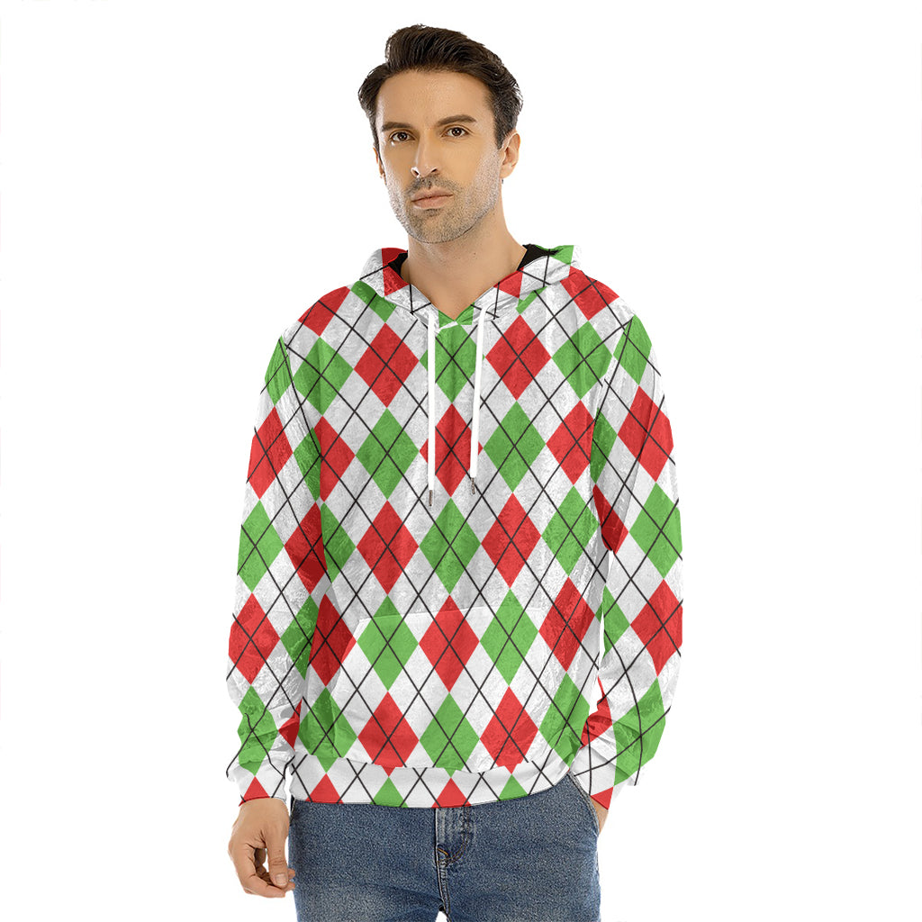 Green Red And White Argyle Pattern Print Men's Velvet Pullover Hoodie