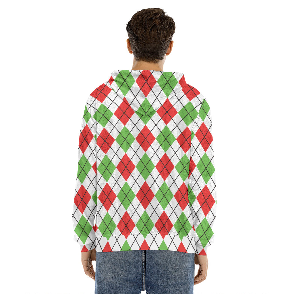 Green Red And White Argyle Pattern Print Men's Velvet Pullover Hoodie