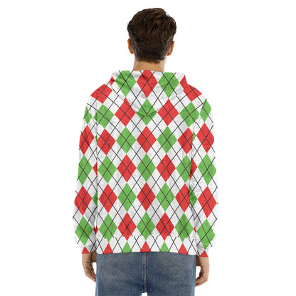 Green Red And White Argyle Pattern Print Men's Velvet Pullover Hoodie