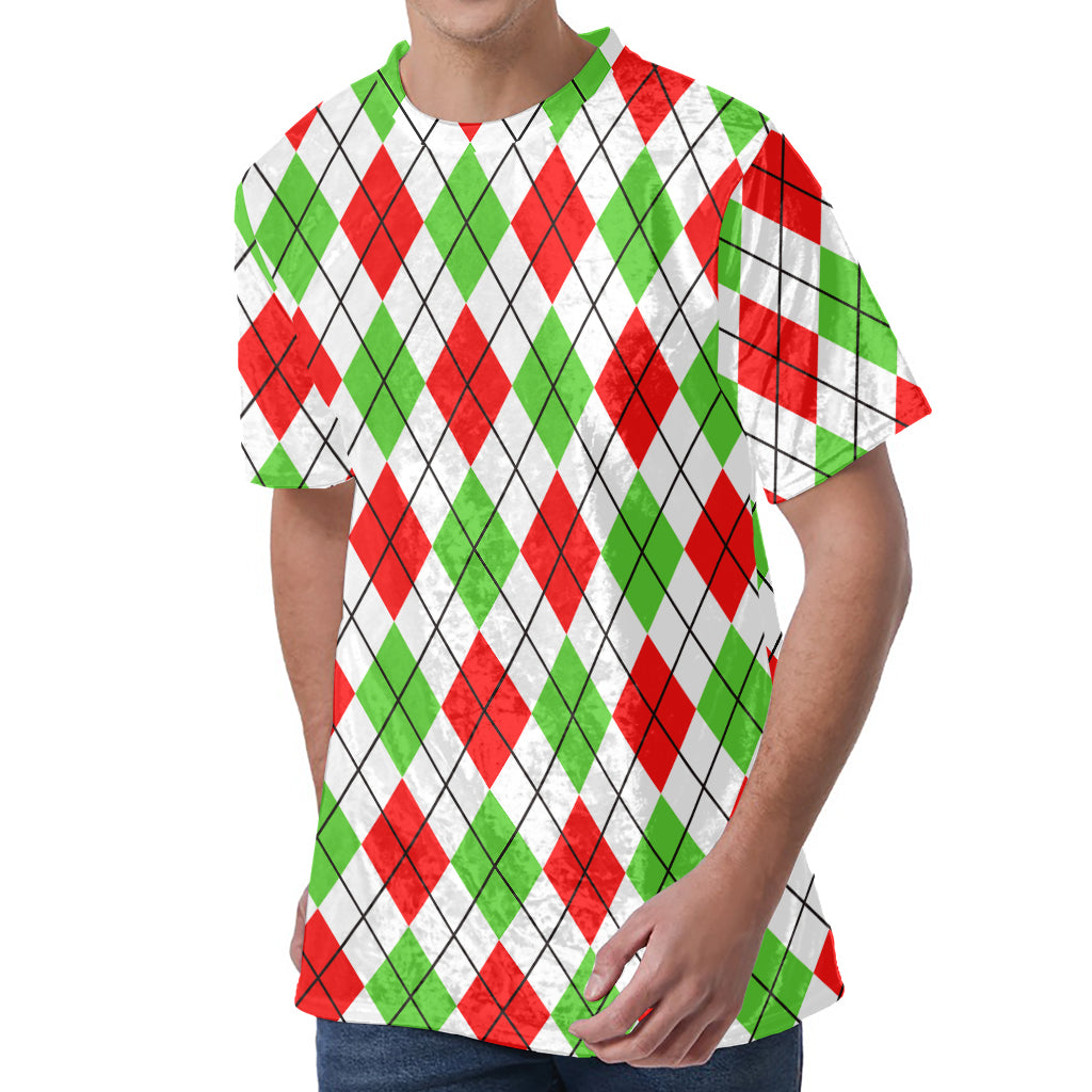 Green Red And White Argyle Pattern Print Men's Velvet T-Shirt