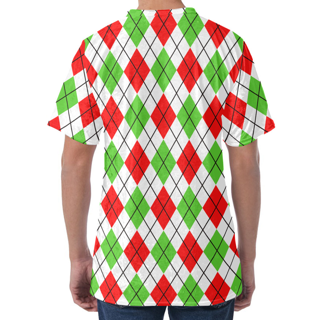 Green Red And White Argyle Pattern Print Men's Velvet T-Shirt