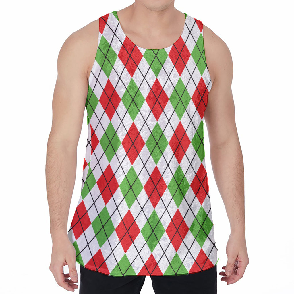 Green Red And White Argyle Pattern Print Men's Velvet Tank Top