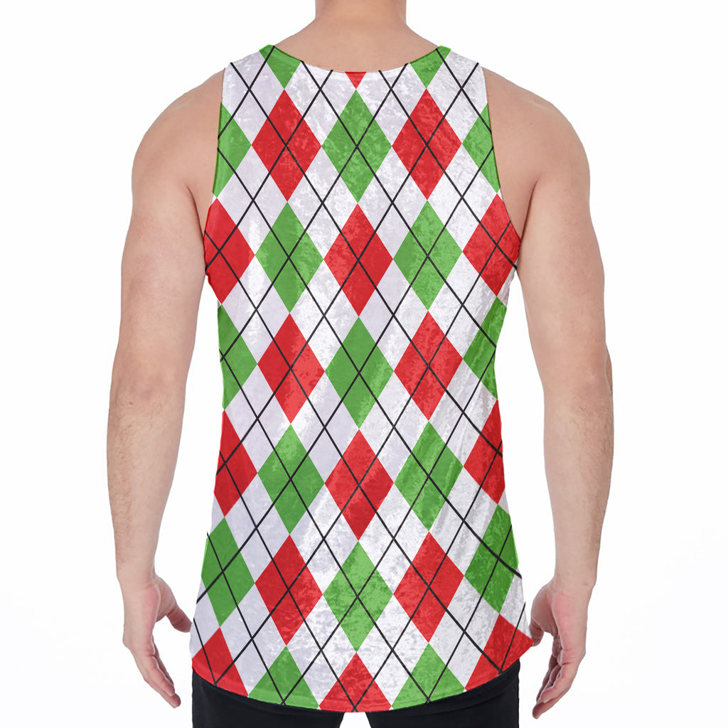 Green Red And White Argyle Pattern Print Men's Velvet Tank Top