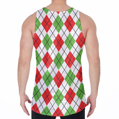 Green Red And White Argyle Pattern Print Men's Velvet Tank Top