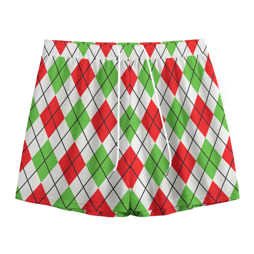 Green Red And White Argyle Pattern Print Mesh Shorts