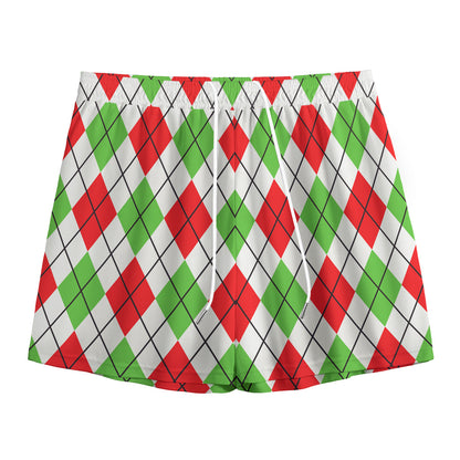 Green Red And White Argyle Pattern Print Mesh Shorts