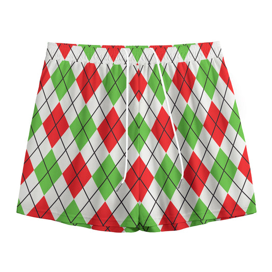 Green Red And White Argyle Pattern Print Mesh Shorts