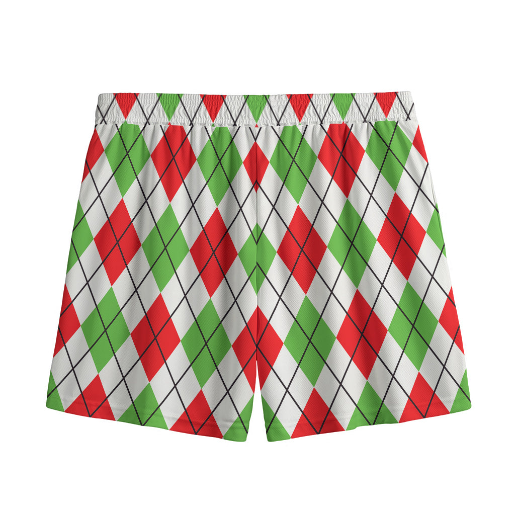 Green Red And White Argyle Pattern Print Mesh Shorts