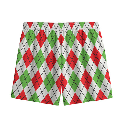Green Red And White Argyle Pattern Print Mesh Shorts