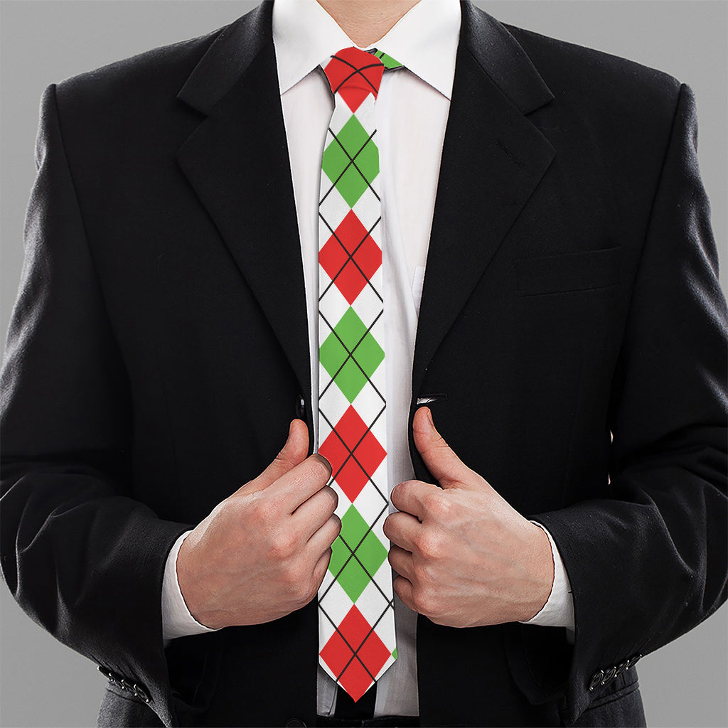 Green Red And White Argyle Pattern Print Necktie