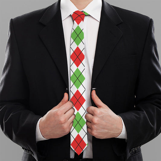 Green Red And White Argyle Pattern Print Necktie