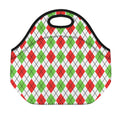 Green Red And White Argyle Pattern Print Neoprene Lunch Bag