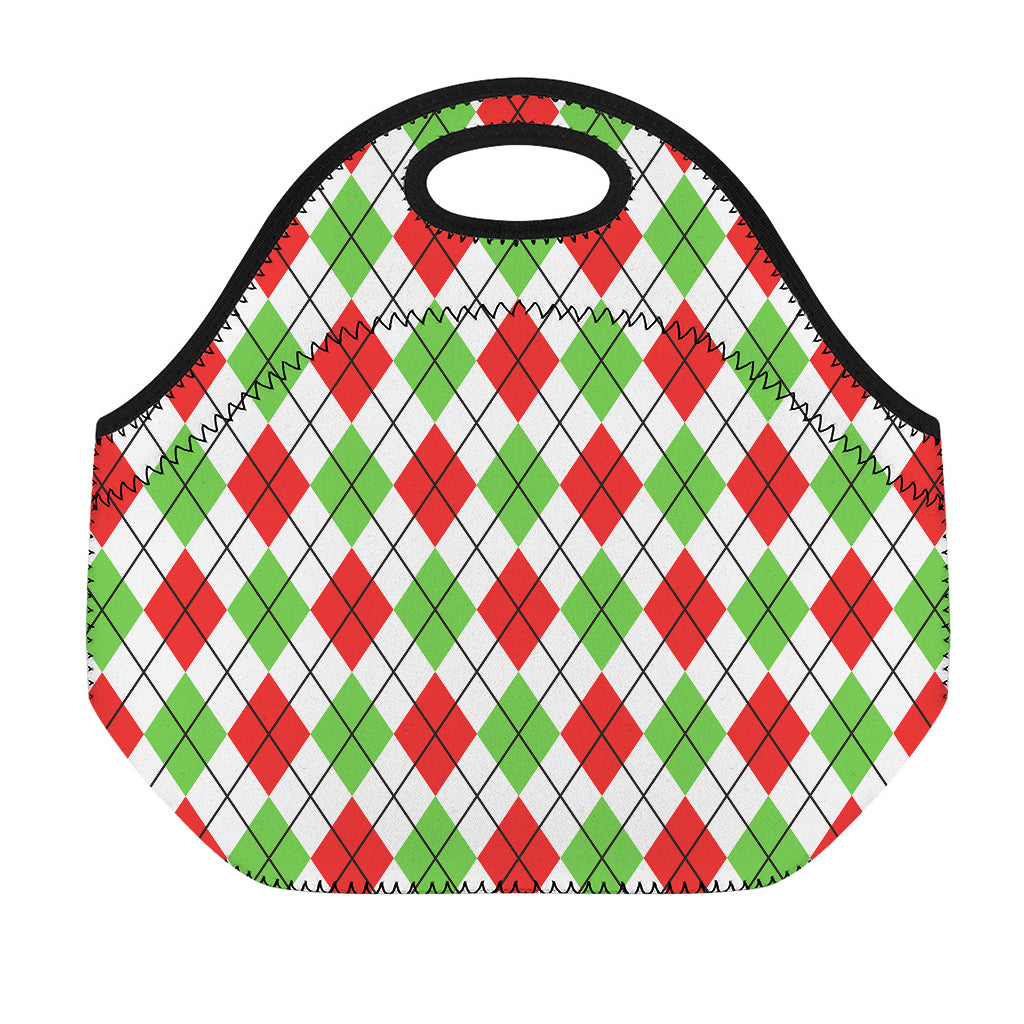 Green Red And White Argyle Pattern Print Neoprene Lunch Bag