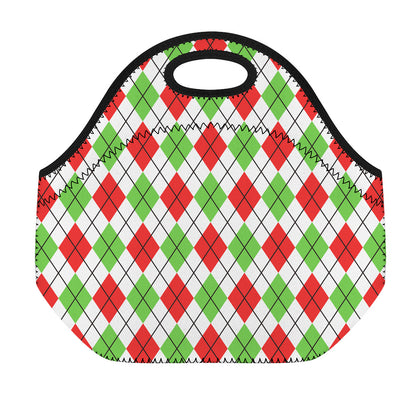 Green Red And White Argyle Pattern Print Neoprene Lunch Bag
