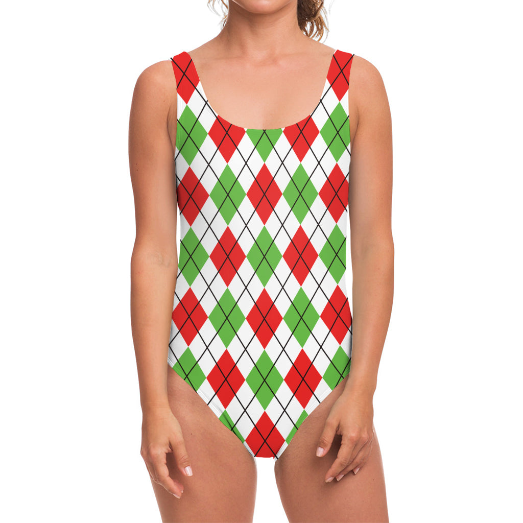 Green Red And White Argyle Pattern Print One Piece Swimsuit