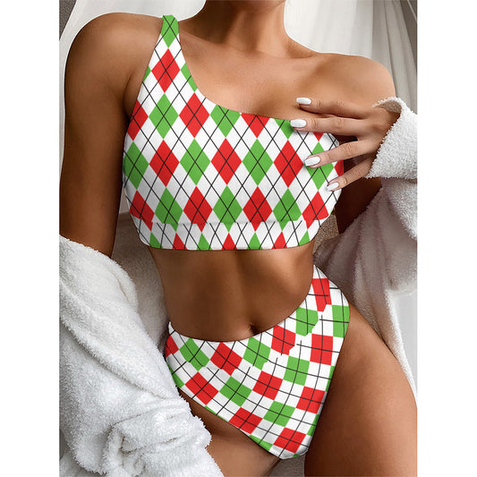 Green Red And White Argyle Pattern Print One Shoulder Bikini Top