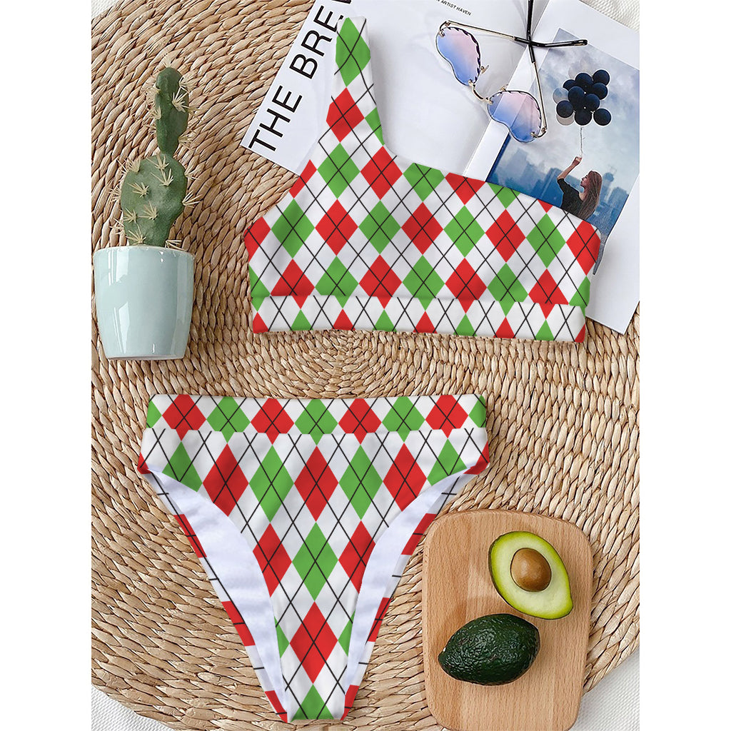 Green Red And White Argyle Pattern Print One Shoulder Bikini Top