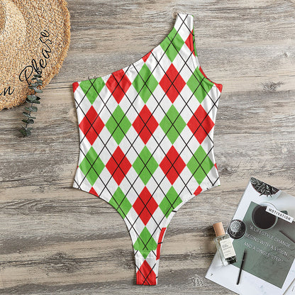 Green Red And White Argyle Pattern Print One Shoulder Bodysuit