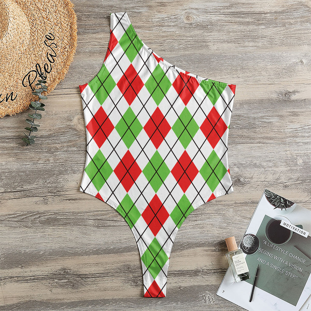 Green Red And White Argyle Pattern Print One Shoulder Bodysuit