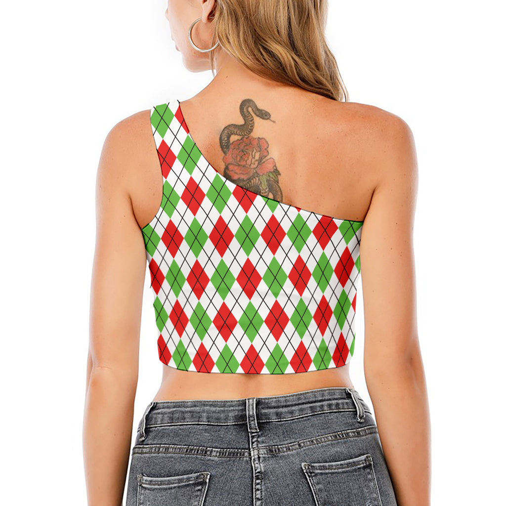 Green Red And White Argyle Pattern Print One Shoulder Crop Top