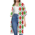 Green Red And White Argyle Pattern Print Open Front Beach Cover Up