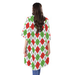 Green Red And White Argyle Pattern Print Open Front Beach Cover Up