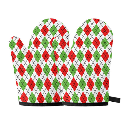 Green Red And White Argyle Pattern Print Oven Mitts