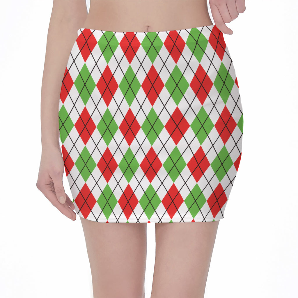 Green Red And White Argyle Pattern Print Pencil Mini Skirt