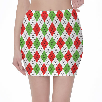 Green Red And White Argyle Pattern Print Pencil Mini Skirt
