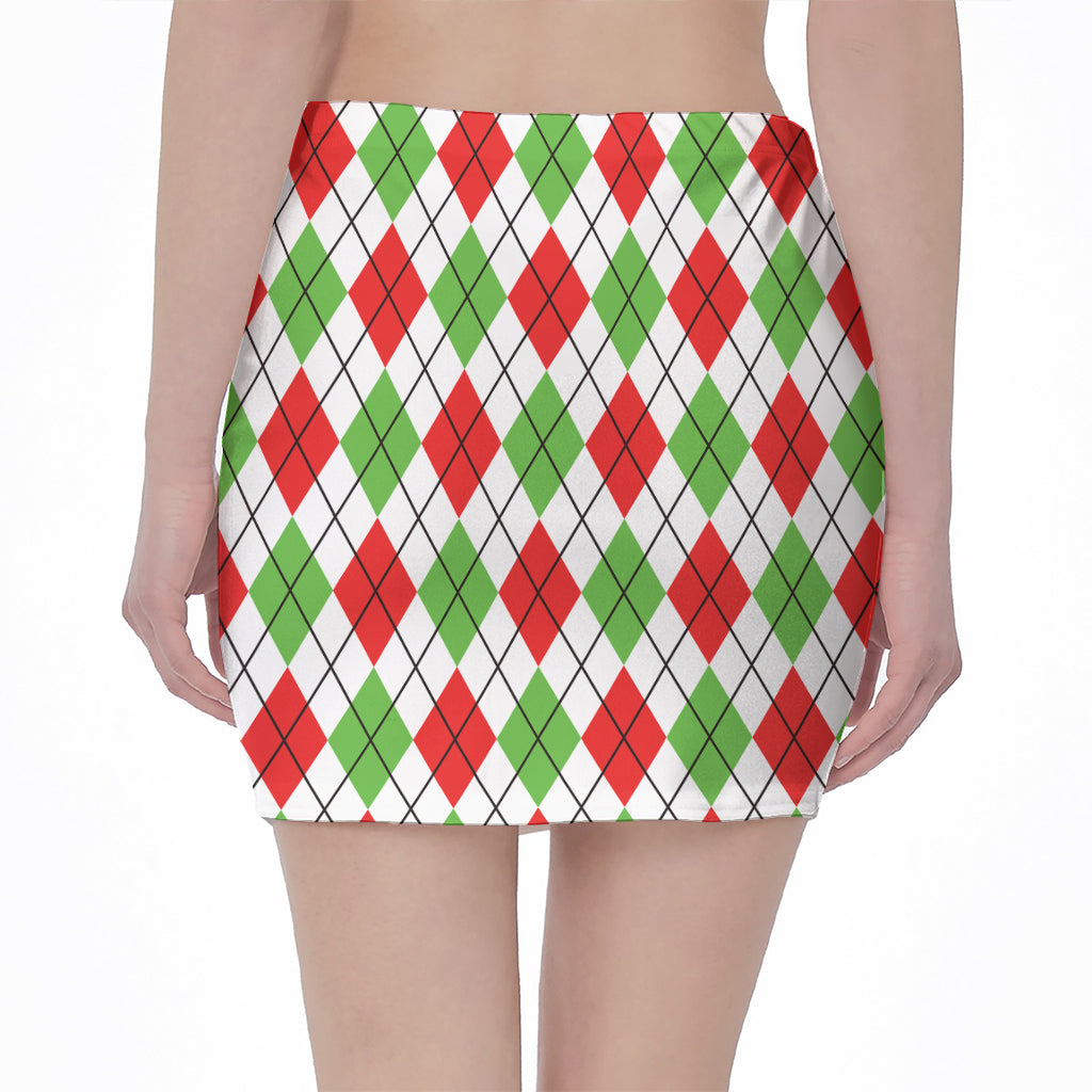 Green Red And White Argyle Pattern Print Pencil Mini Skirt