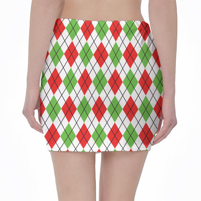 Green Red And White Argyle Pattern Print Pencil Mini Skirt